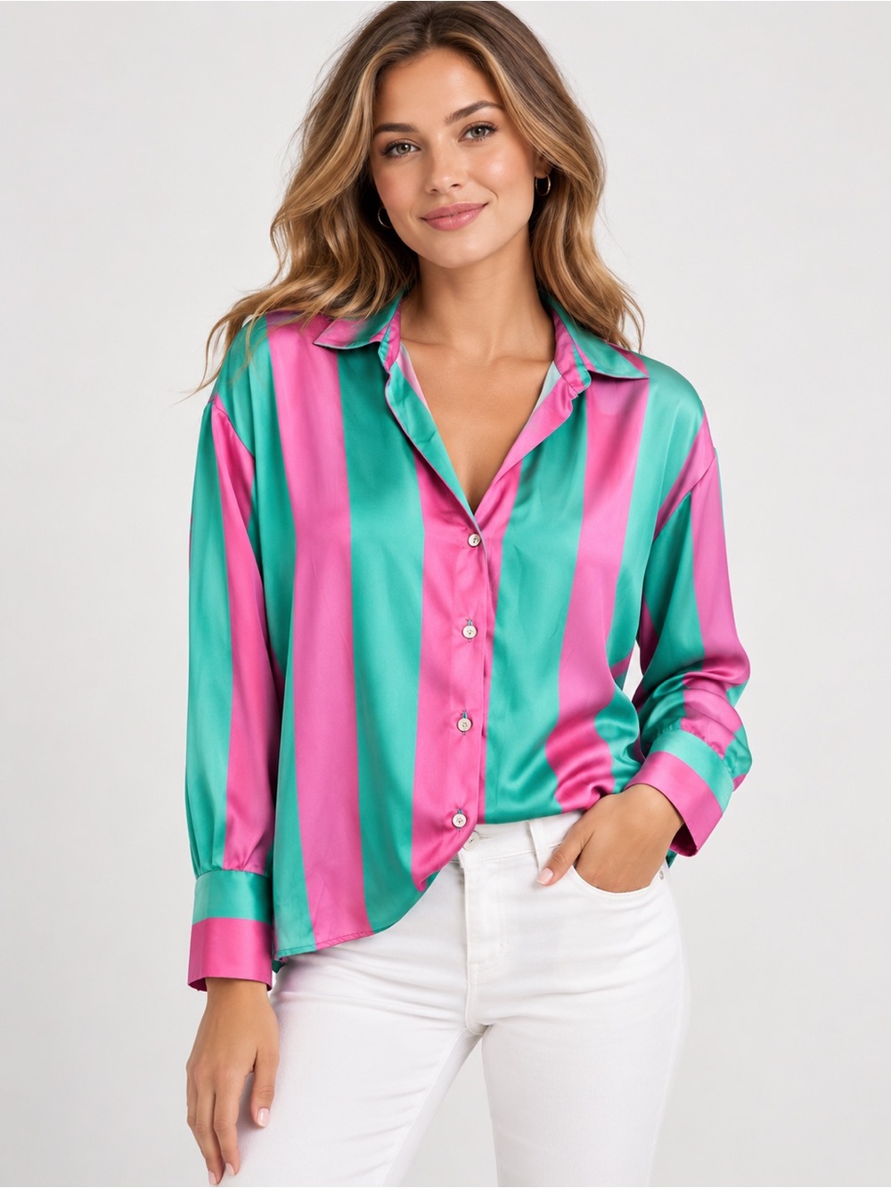 Zara Pink and Teal Satin Striped Button-Down Shirt
